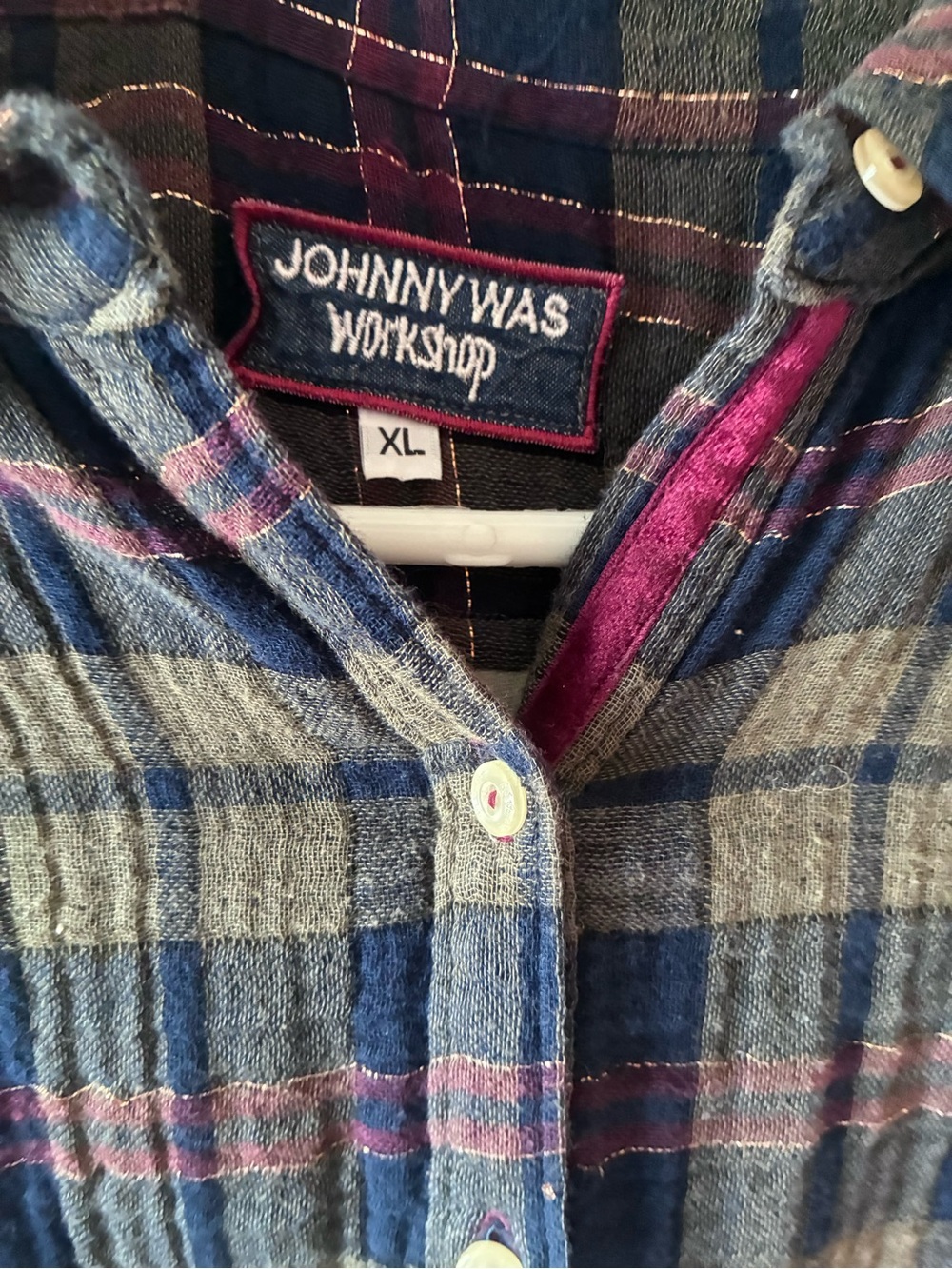 Johnny Was Plaid Velvet Back Embroidered Button Down Blue XL Autumn Style - Picture 3 of 10
